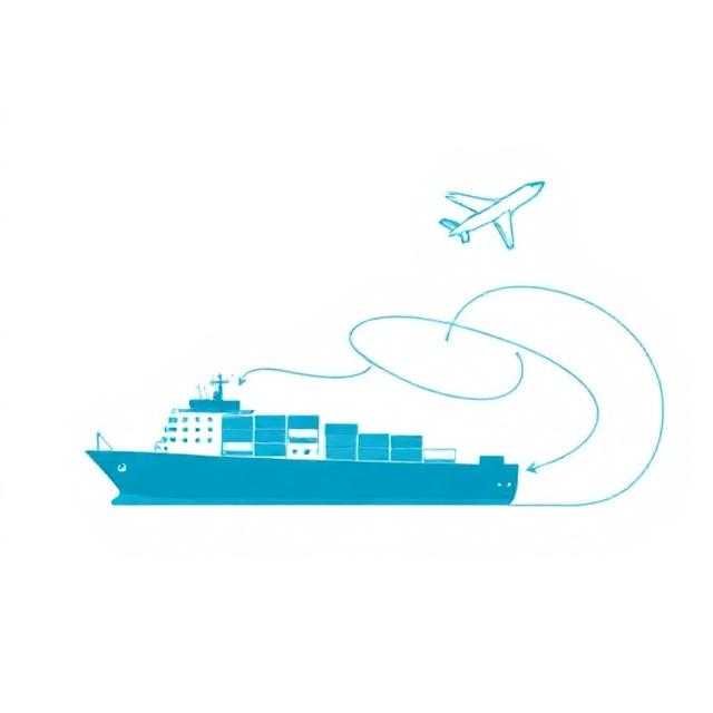 Minimal teal and royal blue line illustration: cargo ship and airplane logistics