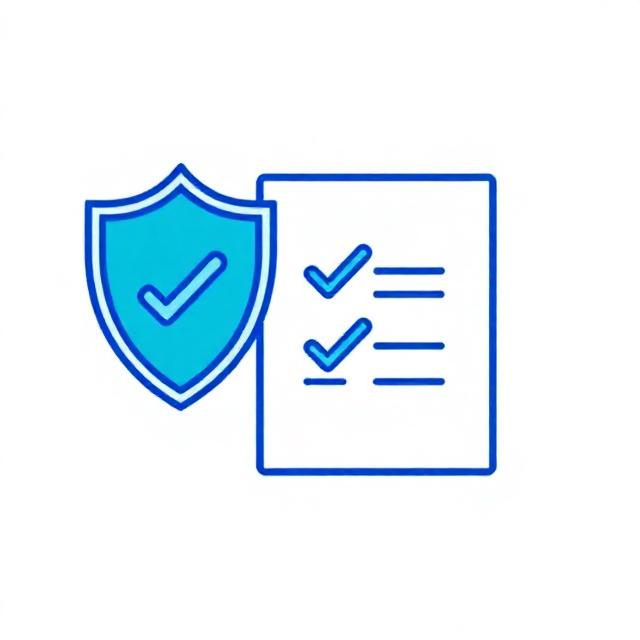 Minimal teal and royal blue line illustration: shield and document with compliance check