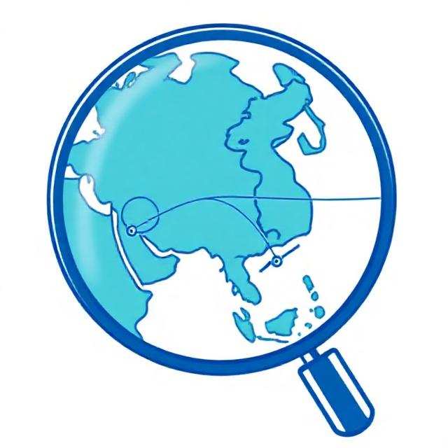 Minimal teal and royal blue line illustration: magnifying glass over globe connecting UK and Korea